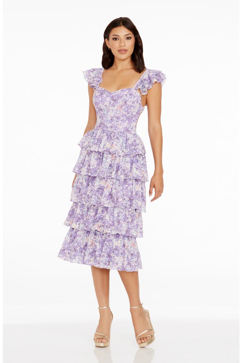 Kristen Floral Ruffle Tier Midi Dress, Alternate, color, LAVENDER MULTI