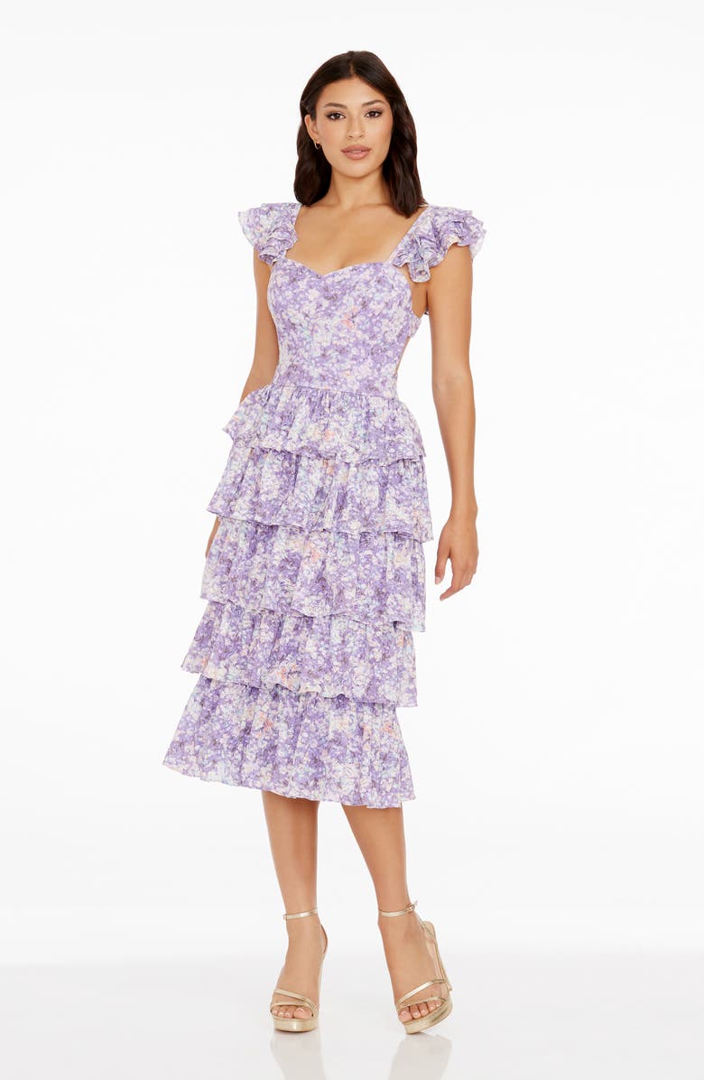 Dress the Population Kristen Floral Ruffle Tier Midi Dress, Alternate, color, Lavender Multi