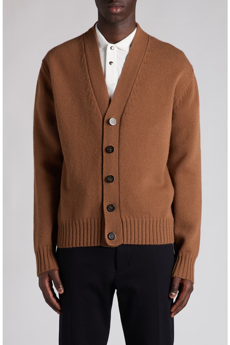 Logo Patch Virgin Wool Cardigan, Main, color, DULL BROWN