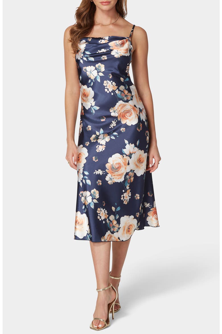 Printed Satin Bias Midi Dress, Main, color, NAVY/ CREAM