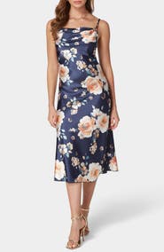 bebe Printed Satin Bias Midi Dress