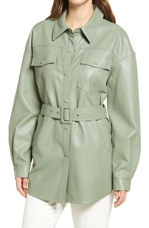 Faux Leather Belted Shirt Jacket