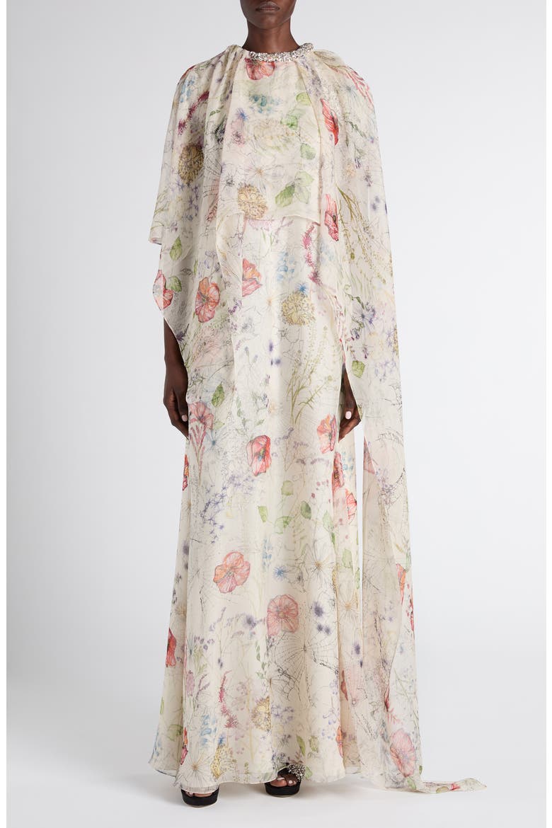 Floral Print Silk Cape Dress, Main, color, WHITE