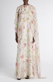 McQueen Floral Print Silk Cape Dress