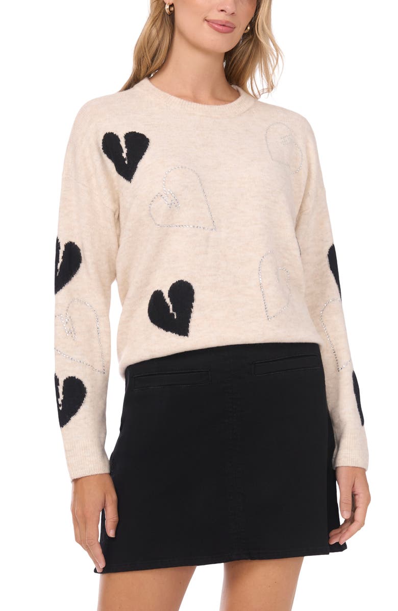 Vince Camuto Many Hearts Rhinestone Crewneck Sweater, Main, color, Malted