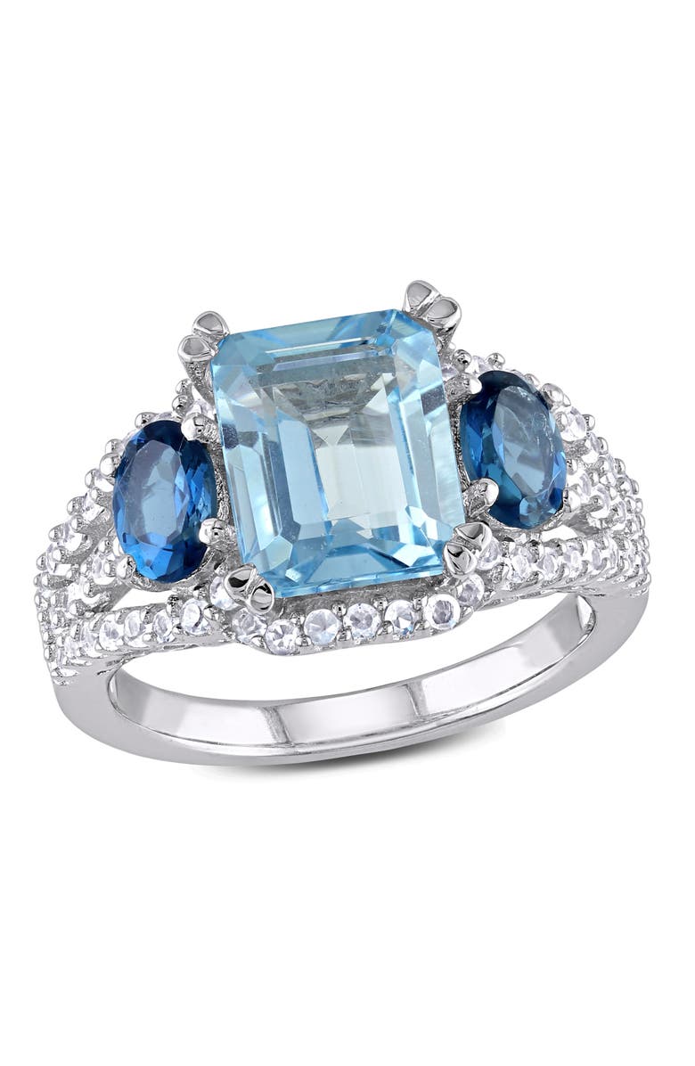 Julianna B. Blue Topaz & Created White Sapphire 3-Stone Ring, Main, color, Topaz