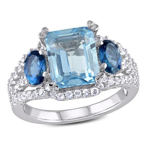 Blue Topaz & Created White Sapphire 3-Stone Ring
