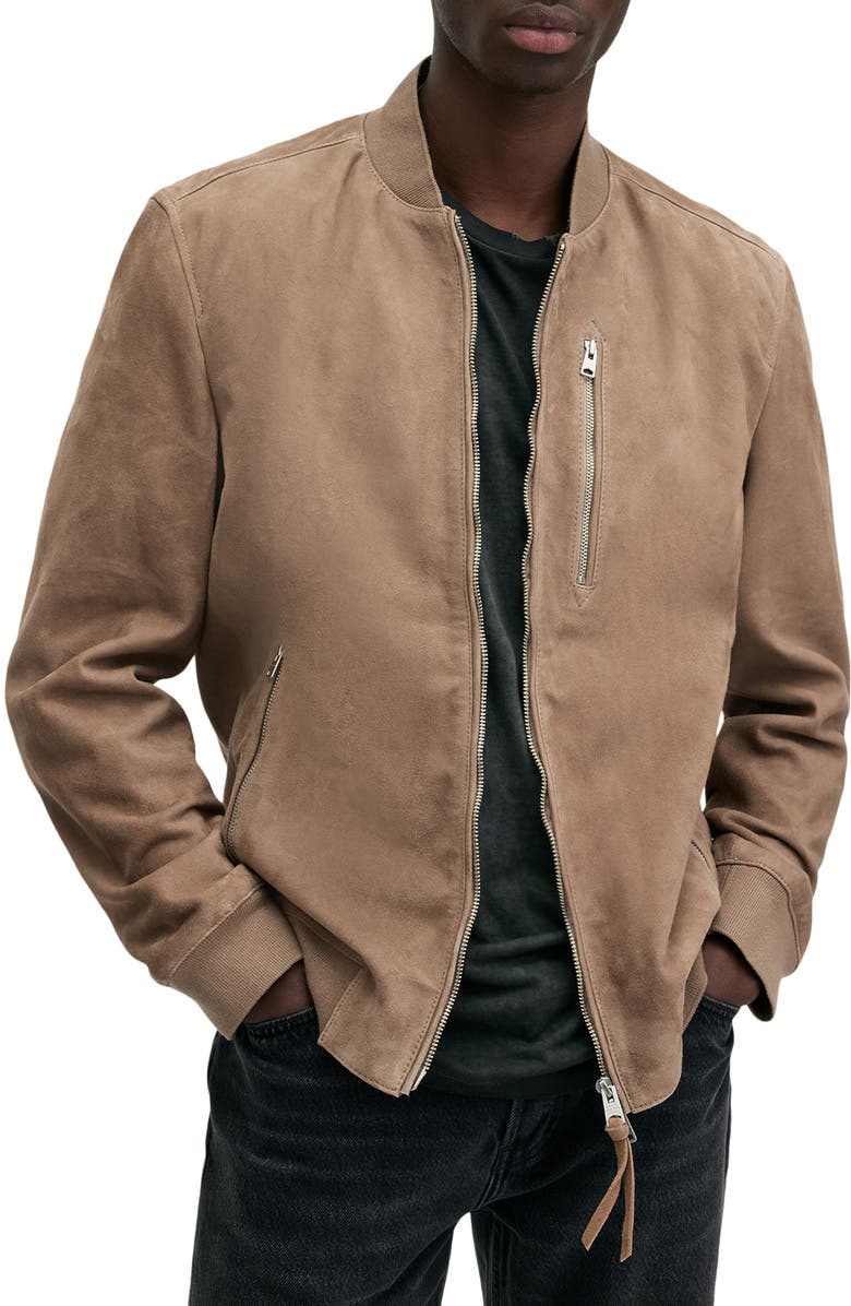 AllSaints Kemble Suede Bomber Jacket, Alternate, color, Acre Brown