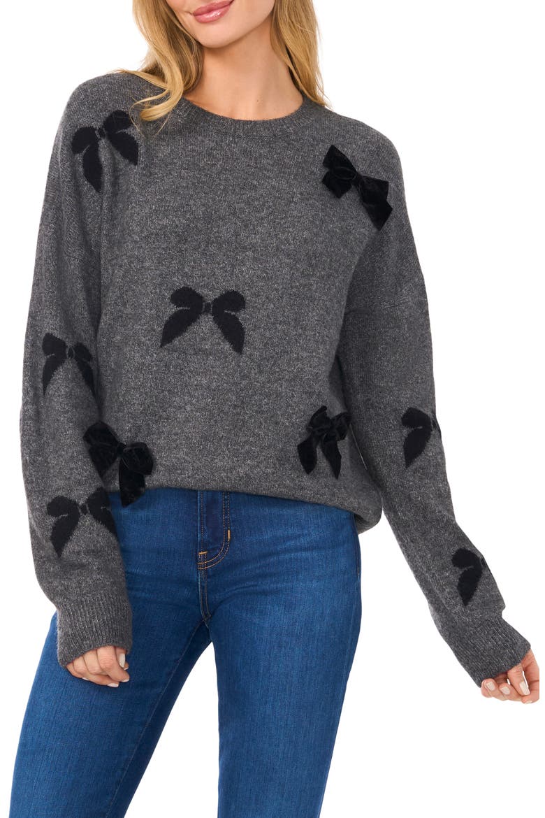 Bow Crewneck Sweater, Main, color, MEDIUM HEATHER GREY