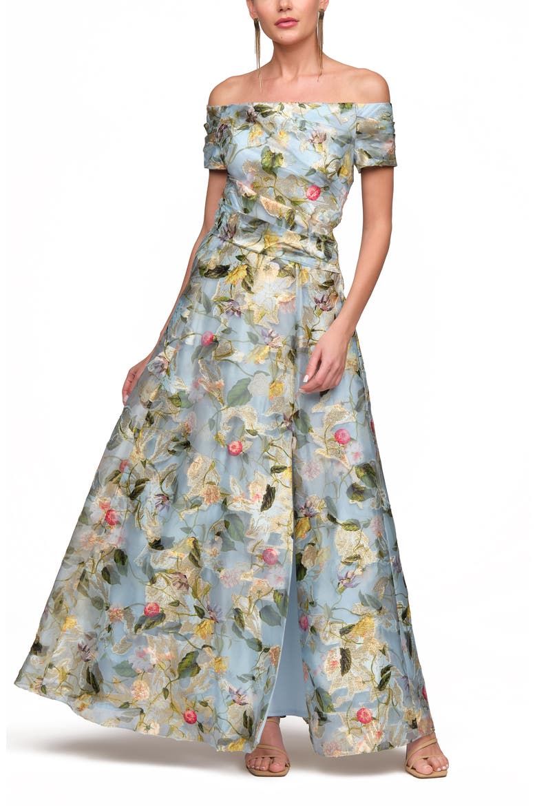 Carissa Metallic Embroidered Off the Shoulder A-Line Gown, Alternate, color, AQUA GOLD
