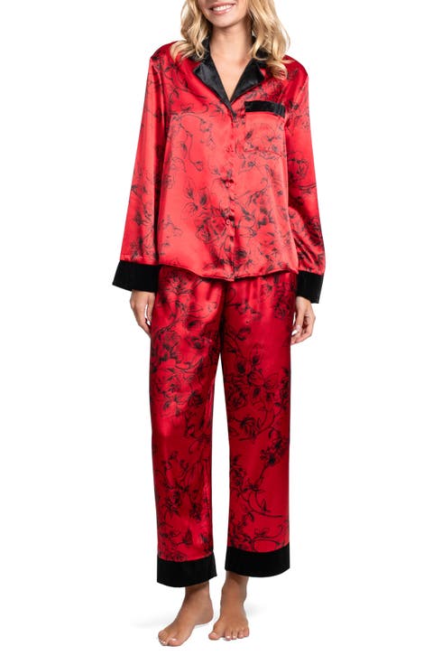 Velvet Trim Floral Print Satin Pajamas