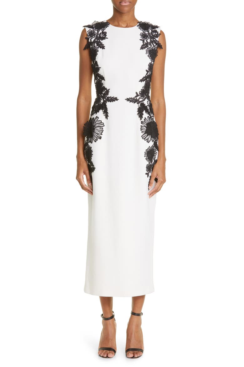 Guipure Lace Appliquéd Stretch Crepe Sheath Dress, Main, color, IVORY/ BLACK