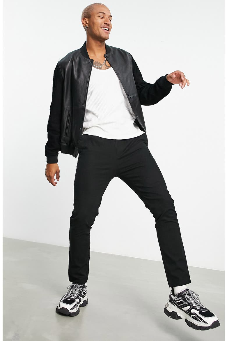 Oversize Leather Bomber Jacket, Alternate, color, BLACK