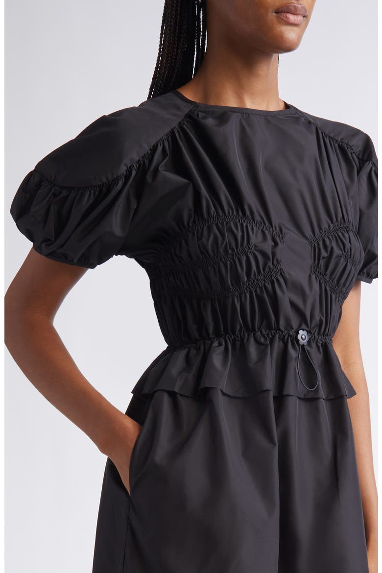 Betsy Ruched Puff Sleeve Drawcord Waist Recycled Faille Dress, Alternate, color, BLACK