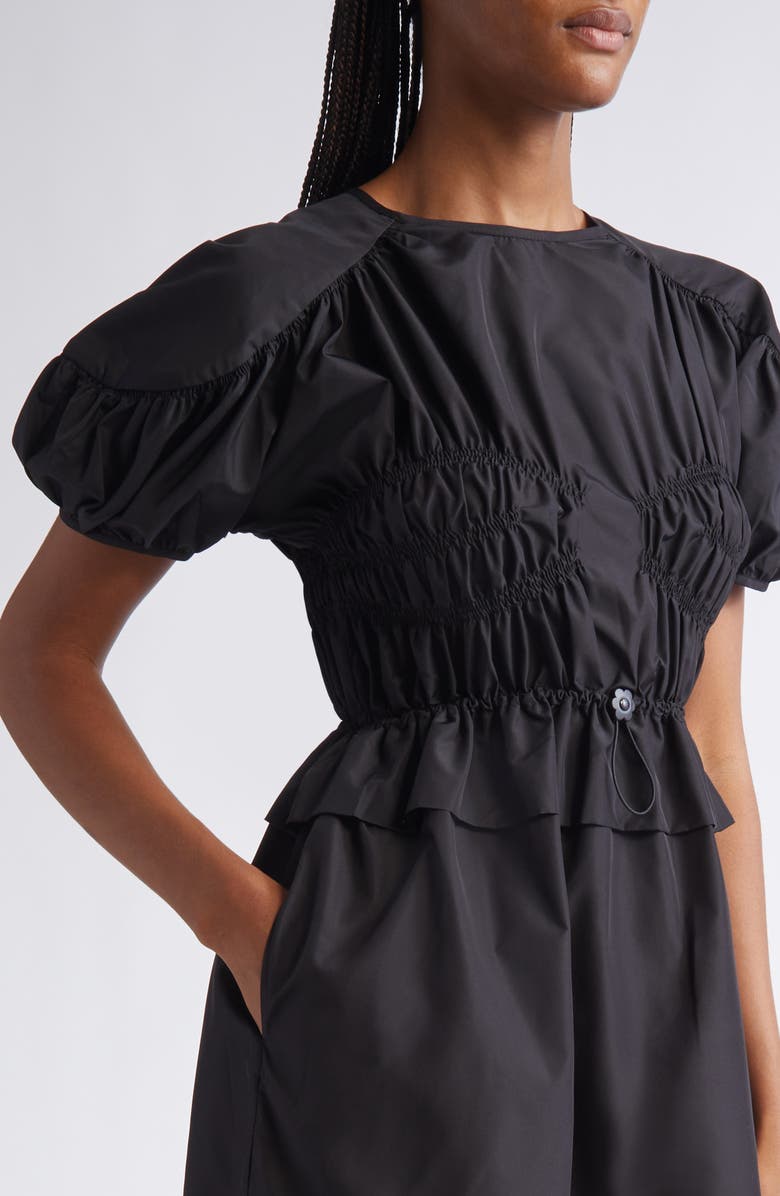 Cecilie Bahnsen Betsy Ruched Puff Sleeve Drawcord Waist Recycled Faille Dress, Alternate, color, Black
