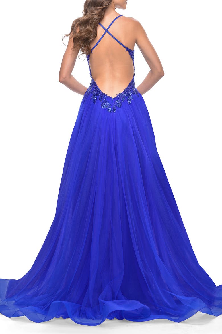 Tulle A-Line Gown with Sheer and Beaded Lace Detail, Alternate, color, Royal Blue