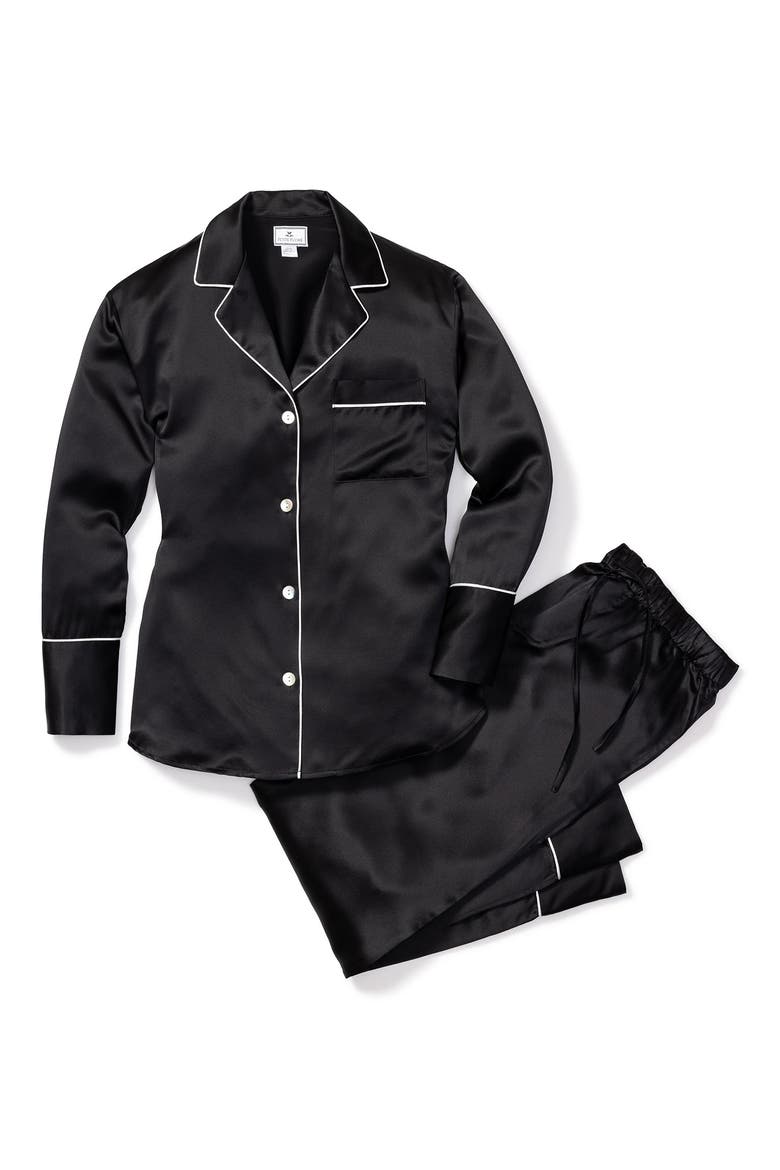 Contrast Piping Silk Pajamas, Alternate, color, BLACK