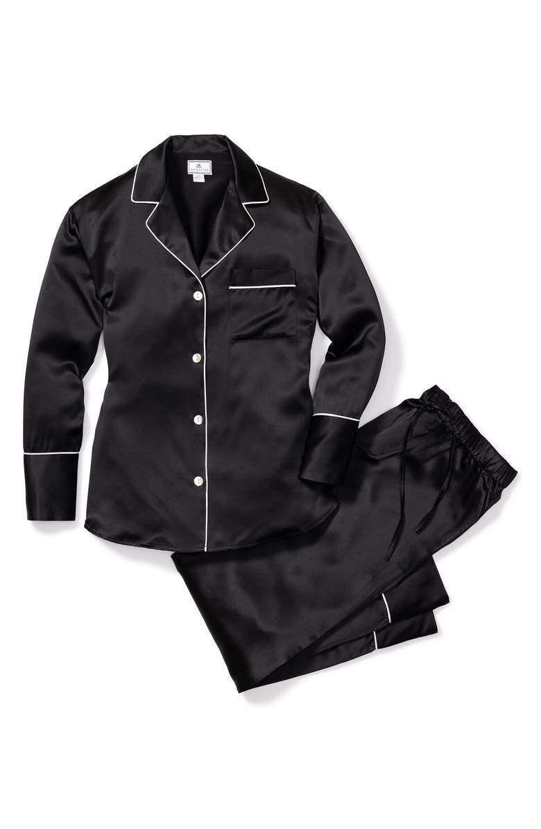 Petite Plume Contrast Piping Silk Pajamas, Alternate, color, Black