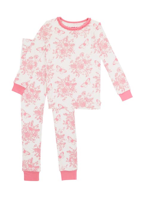 Shop Rufflebutts Softsnooze Girls Ruffle Long Sleeve Pajama Set In Pink Butterfly Garden Toile