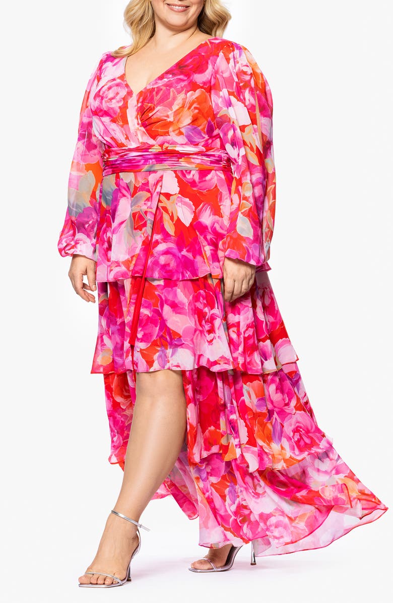 Xscape Evenings Floral Long Sleeve Tiered Ruffle Gown, Alternate, color,