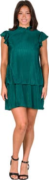 24seven Comfort Apparel Petites Ruffle Cap Sleeve High Neck Pleated Tiered Mini Dress