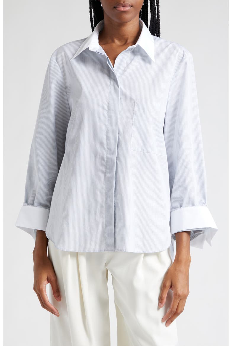 Pinstripe Cotton Poplin Button-Up Shirt, Main, color, WHITE/ GREY/ BLUE