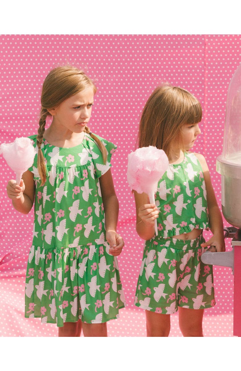 Deux par Deux Girl's Printed Dress With Flounce Sleeves Green With White And Pink Bird, Alternate, color, Green With White And Pink Bird