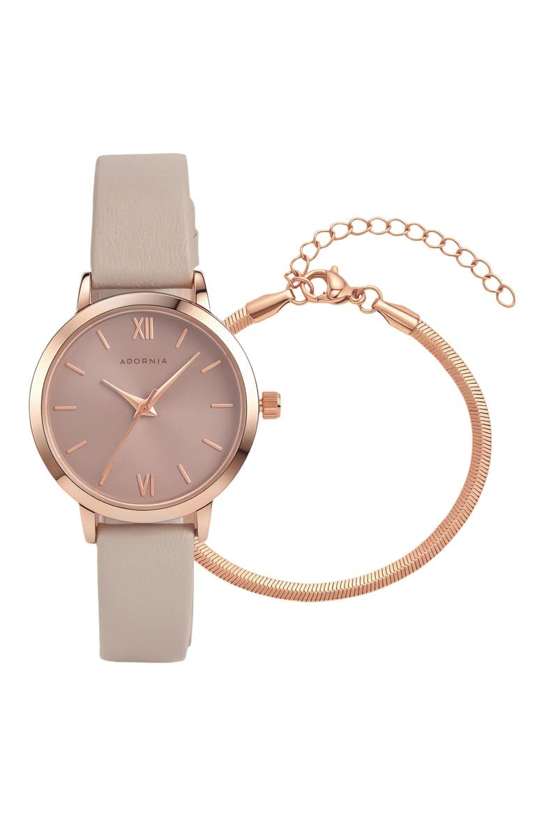 Lyon Watch and Herringbone Bracelet Set, Main, color, TAUPE/ ROSE GOLD