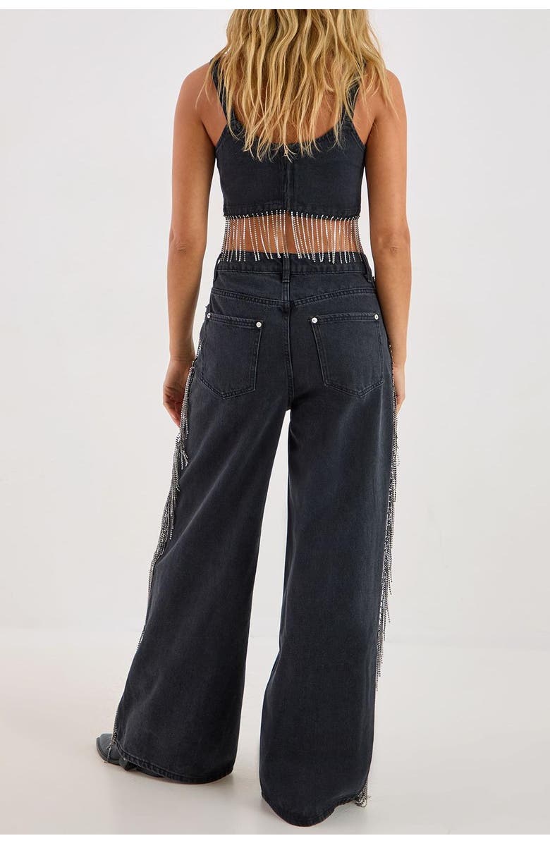 NASTY GAL Denim Diamonte Tassel Straight Leg Jeans, Alternate, color, Washed Black