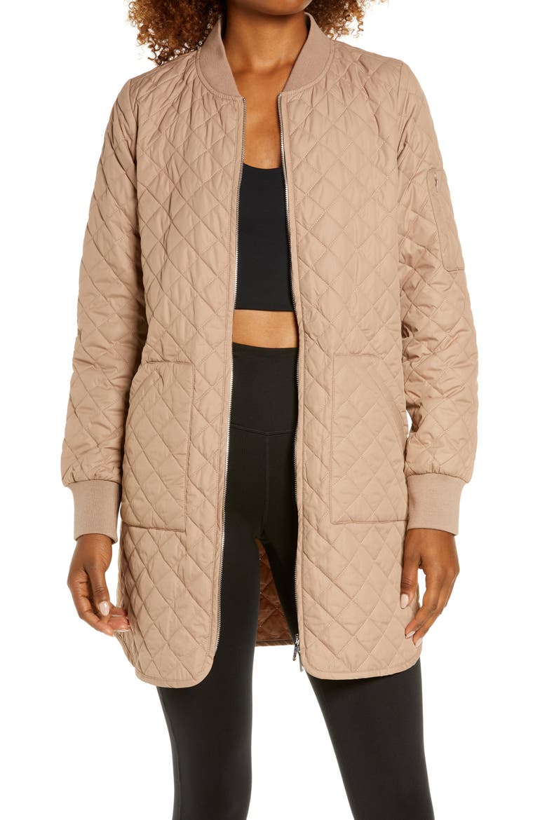 Longline Water Resistant Quilted Bomber Jacket, Main, color, TAN NATURAL