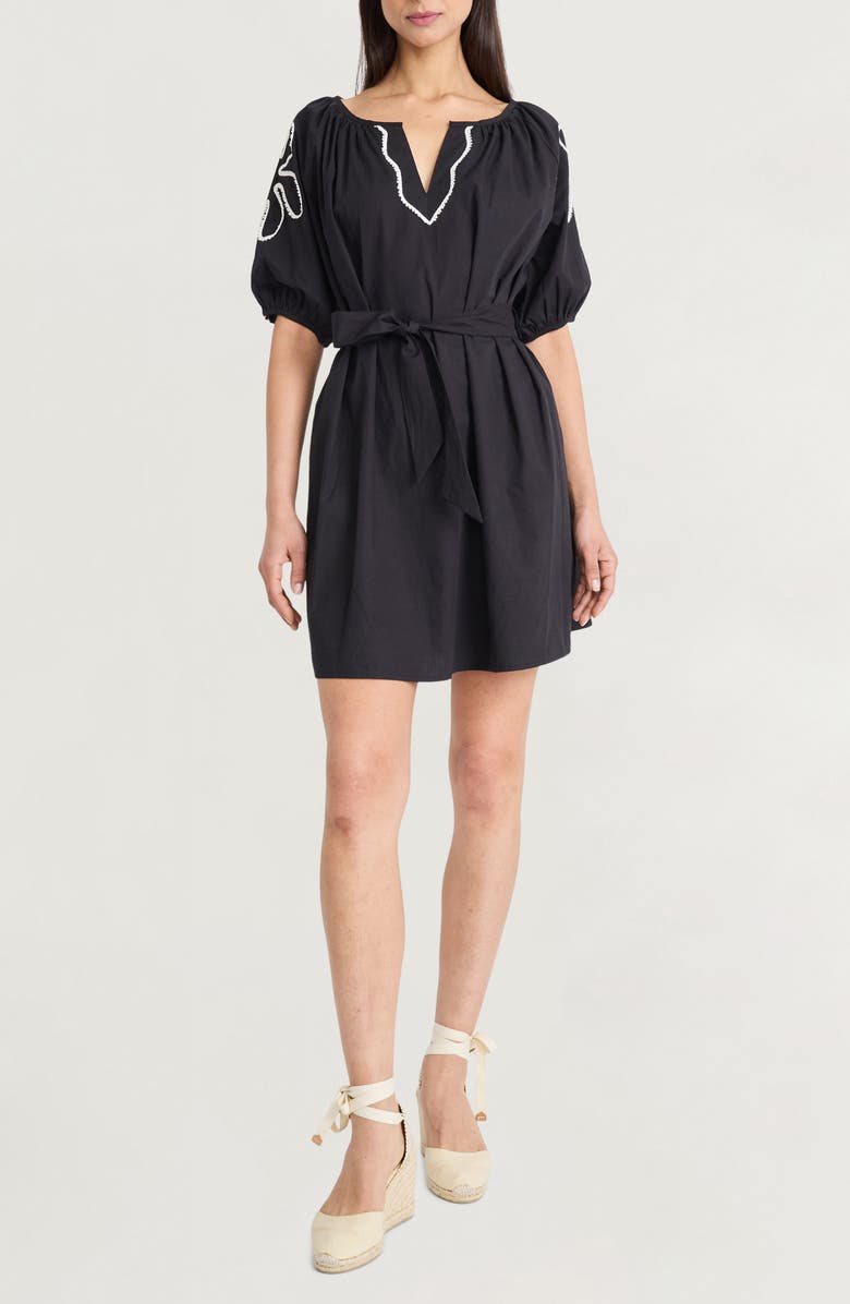 The Good Journey Stitch Detail Puff Sleeve Sheath Dress, Main, color, Black/ Ivory