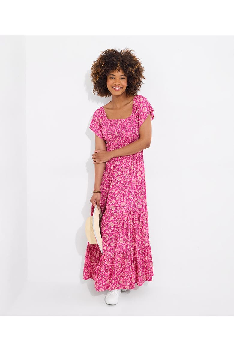 Square Neck Smocked Crinkle Maxi Dress, Main, color, FUCHSIA BATIK FLORAL