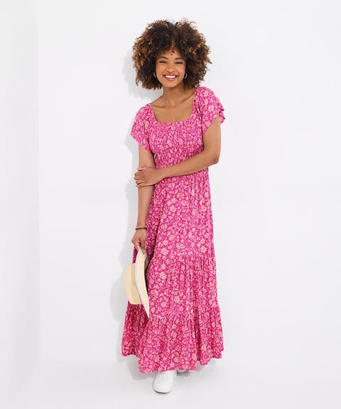 Square Neck Smocked Crinkle Maxi Dress