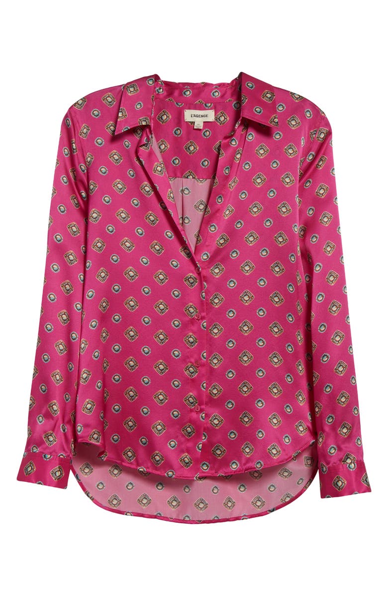 L'AGENCE Tyler Geometric Turquoise Print Silk Button-Up Shirt, Alternate, color, Fuchsia/ Turquoise Geometric