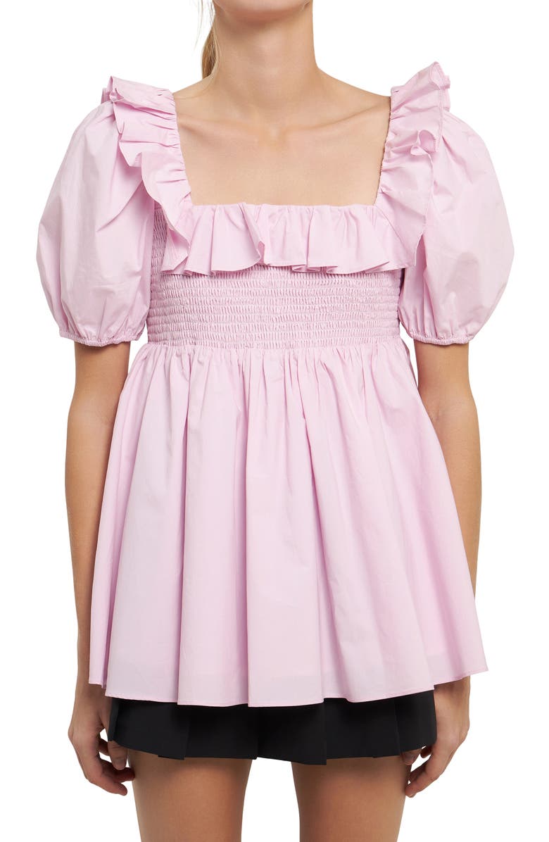 English Factory Smocked Cotton Babydoll Top, Alternate, color,