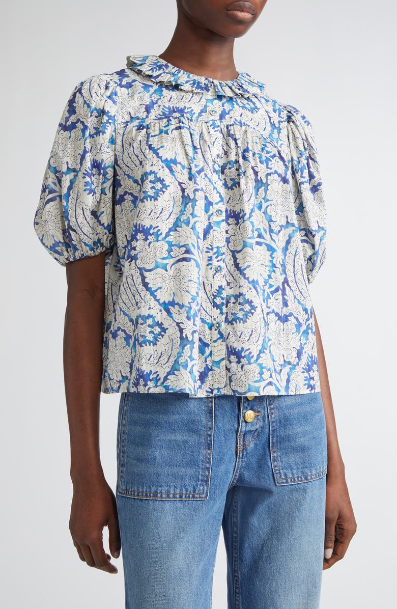 Ulla Johnson Amari Floral Cotton Blend Button-Up Shirt, Main, color, Ciel