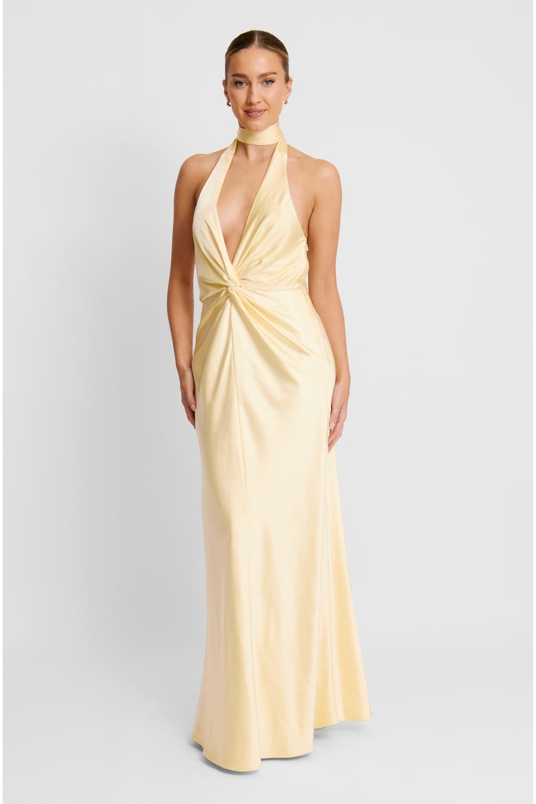 Plunge Knot Satin Bridesmaid Dress, Main, color, Lemon