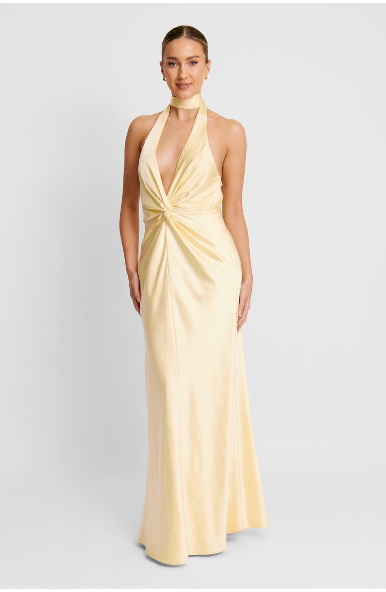 Six Stories Plunge Knot Satin Bridesmaid Dress, Main, color, Lemon