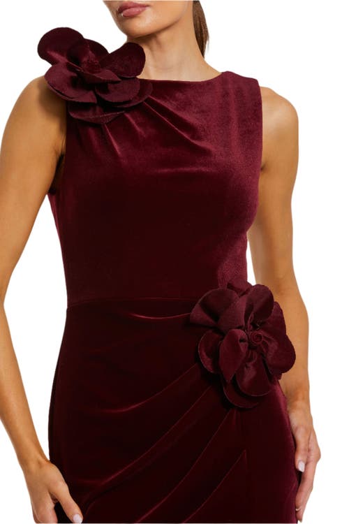 Mac Duggal High Neck Velvet Column Dress With 3d Flowers In Burgundy