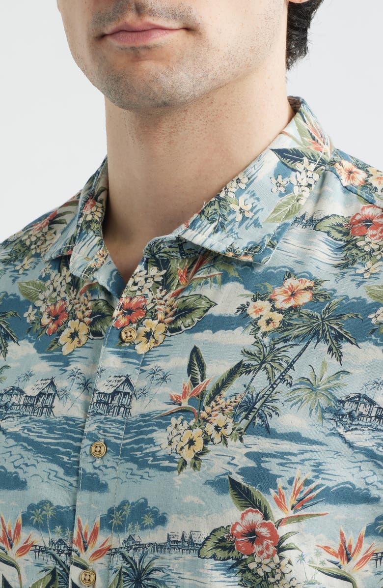johnnie-O Almanzo Tropical Print Cotton Blend Sport Shirt, Alternate, color, Laguna Blue