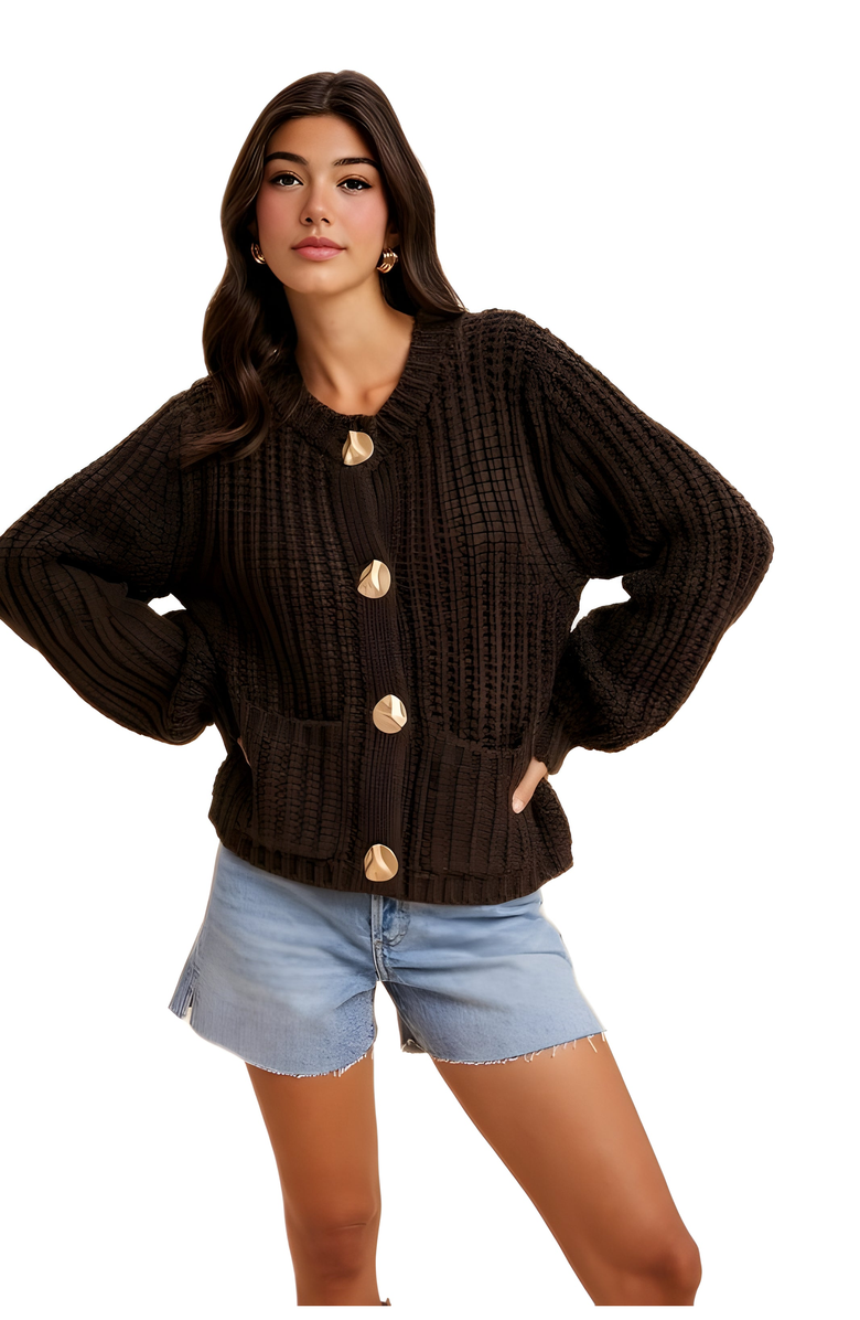 Knit and Lounge Textured Chunky Knit Cardigan with Statement Buttons, Alternate, color, 