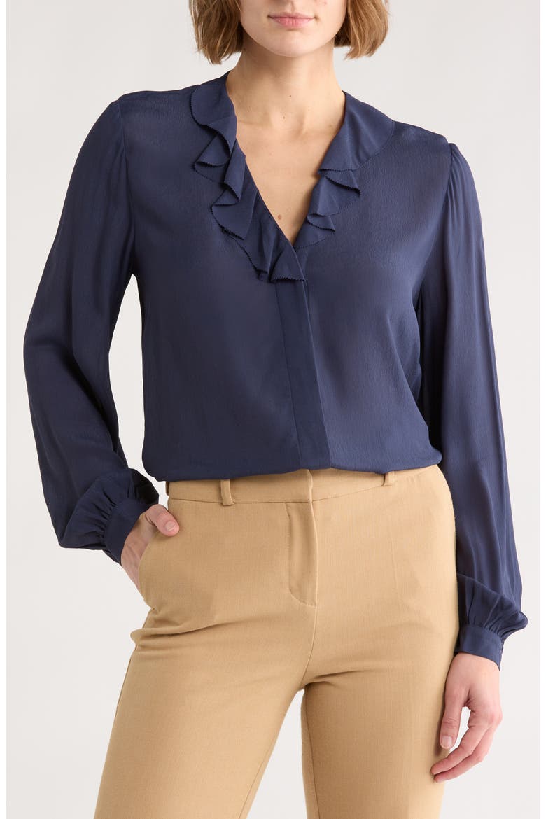 Ruffle Trim Crepe Button-Up Top, Main, color, MOOD INDIGO