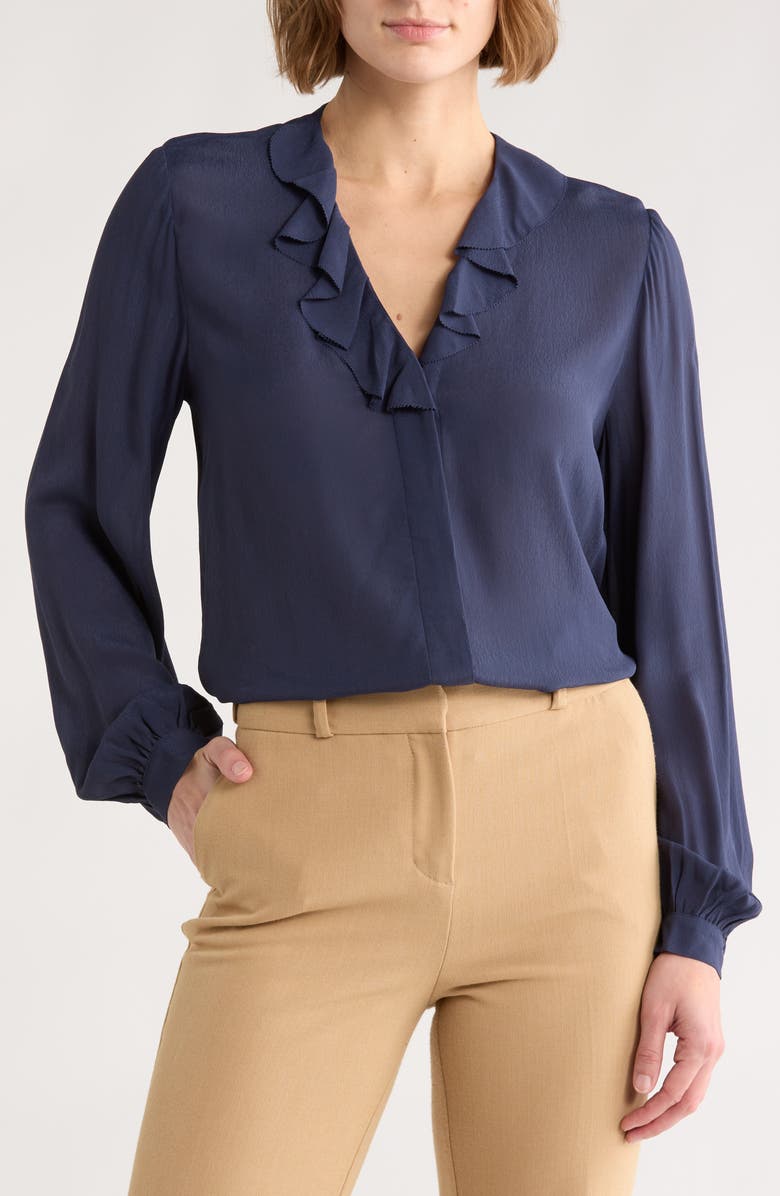 Brooks Brothers Ruffle Trim Crepe Button-Up Top, Main, color, Mood Indigo
