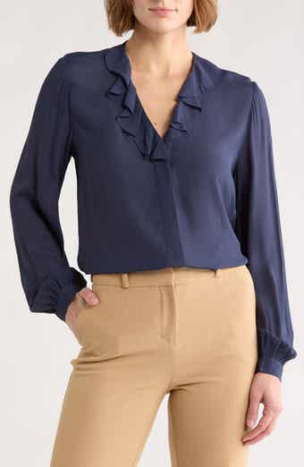 Brooks Brothers Ruffle Trim Crepe Button-Up Top