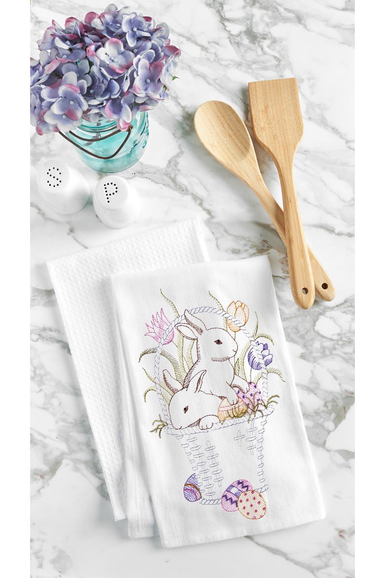Bunny Basket Garden Purple Green Rabbit Easter Egg Spring Flour Sack Kitchen Dishtowel, Alternate, color, White