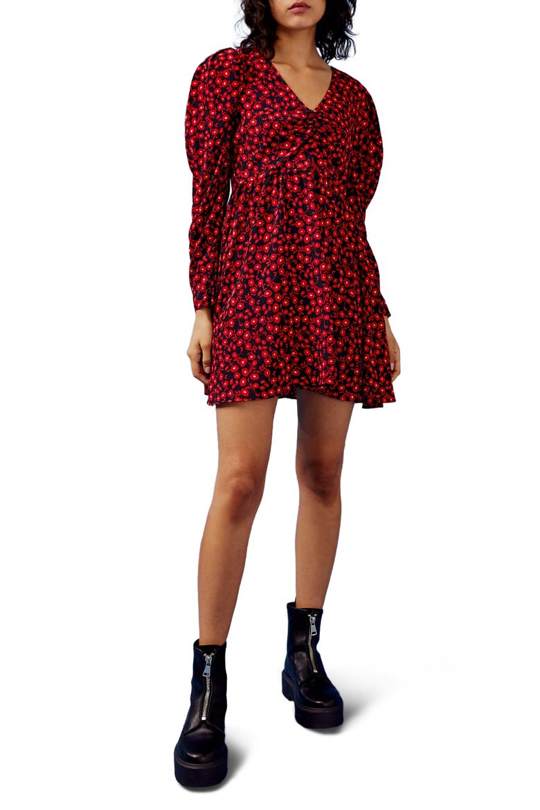 Floral V-Neck Long Sleeve Minidress, Main, color, RED MULTI