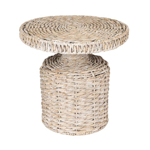 Hand-Woven Water Hyacinth Table, Whitewashed