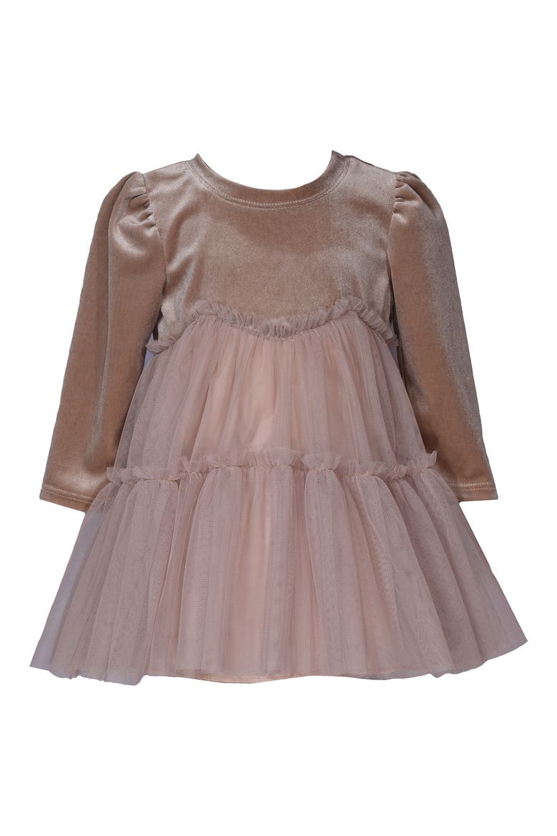 Long Sleeve Velvet & Mesh Tiered Party Dress, Main, color, TAUPE