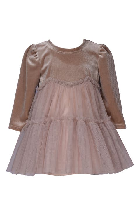 Long Sleeve Velvet & Mesh Tiered Party Dress (Baby)