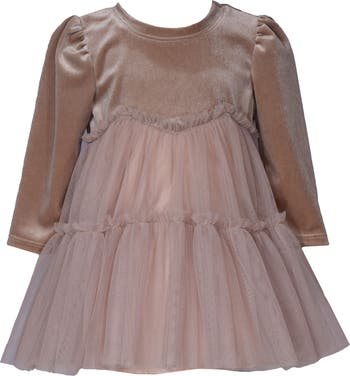 Long Sleeve Velvet & Mesh Tiered Party Dress
